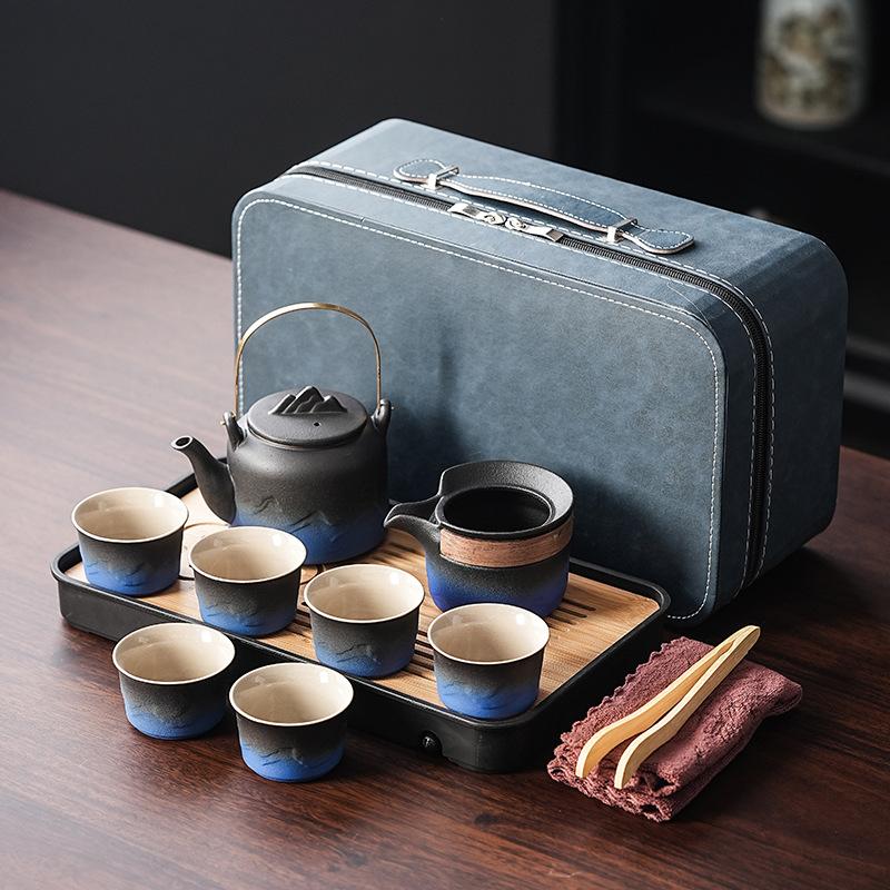 Gradual change tea set light luxury black and blue coarse pottery meeting guests tea kung fu set merchandise business enterprise