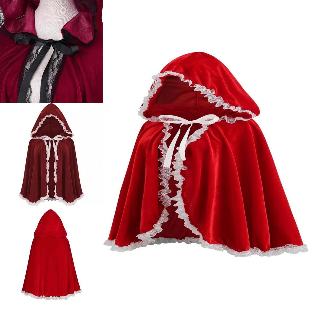 Lussuoso Mantello Corto con Cappuccio e Bordi in Pizzo Rosso Vino per Donna Perfetto per Halloween e Altro