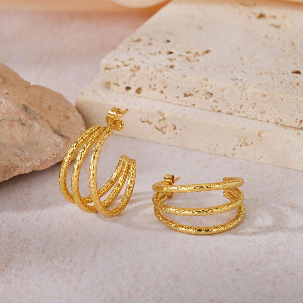 Gold Titanium Steel Multilayer Hoop Earrings - Light Luxury, Colorfast, High-End Feel