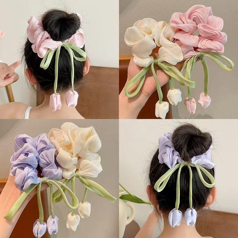 4Pcs Fashion Hair Accessories Cute Tulip Flower Large Intestine Scrunchie For Girls Sweet Hair Ornament Headband Hair Tie