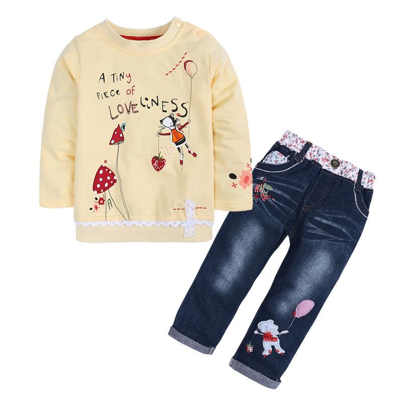 Girls Spring Autumn Long Sleeve Printed Sweatshirt and Denim Pants Set