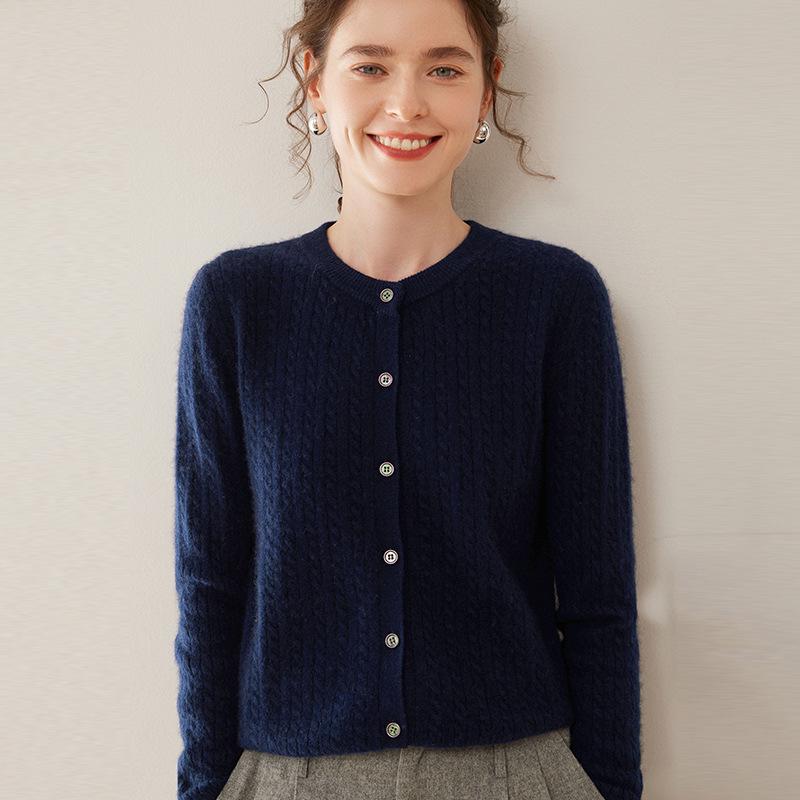 Women's Cable Knit Cashmere Cardigan - Long Sleeve, Button-Up Sweater for Autumn/Winter 2024.