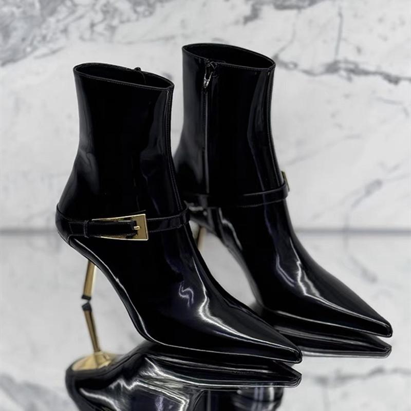 Fashion Star style Fashion Patent Leather Metal Buckle Zip Women Ankle Boots Elegant Thin High heels Autumn Winter Chelsea Boots Shoes