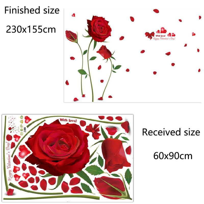 Romantic Valentine's Day Wall Sticker Red Rose Flower Removable Waterproof Home Decor for Bedroom Living Room