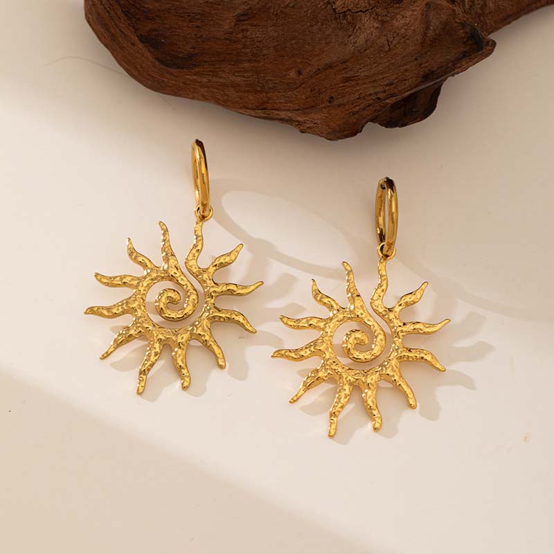 Stainless Steel Spiral Sun Pendant Necklaces Earrings Set for Women Trendy Gold Color Snake Bone Chain Bead Choker Zircon Gifts