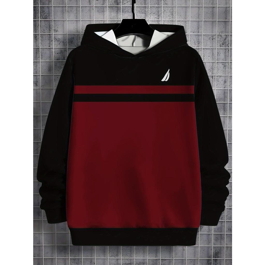Black and Red Contrasting Minimalist Striped Design Hoodie for All Seasons Comfort, Machine Washable Casual Pullover