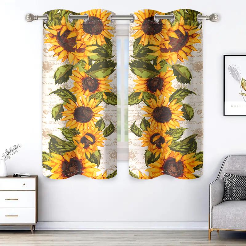 2 Pieces, Vibrant Countryside Sunflower Curtains - Semi Transparent - Suitable for Living Room, Bedroom, Office Home Decoration.