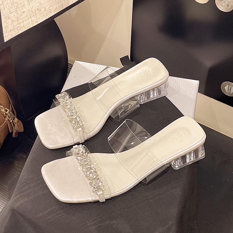 Fairy Feng Shui Diamond Cool Slippers Female Summer Wear Fashion High-end Transparent One-word Belt Medium Thick Heel Crystal Slippers