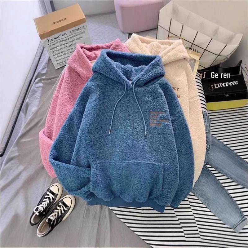 2024 Women's Korean Style Lambswool Fleece Hoodie - Loose Fit, Thickened, Perfect for Autumn/Winter