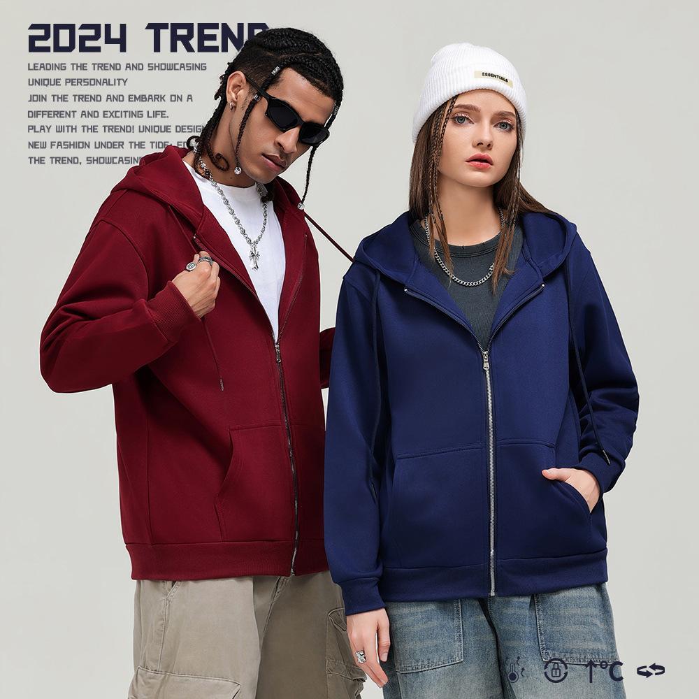 Heavy cardigan sweatshirt men's spring and autumn thin couple double pull versatile solid color trendy brand hooded jacket