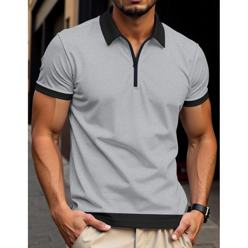Men's Casual Spring/summer 2026 Polo Shirt with European and American Zipper, New Color Blocked Short Sleeved T-shirt Top