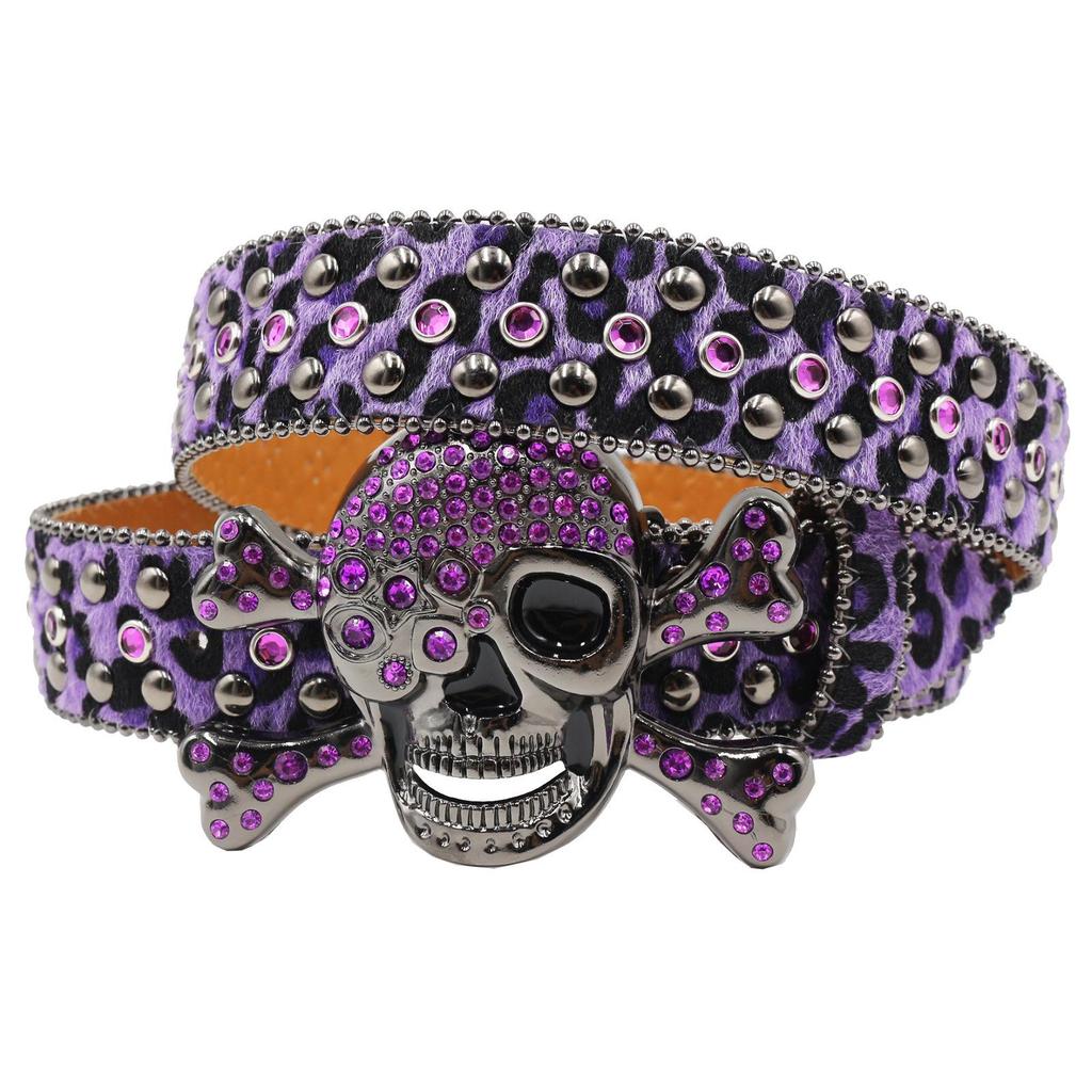 Women’s Skull Leopard Print Rhinestone Belt - Dark Punk Style, Fully Inlaid with Diamonds