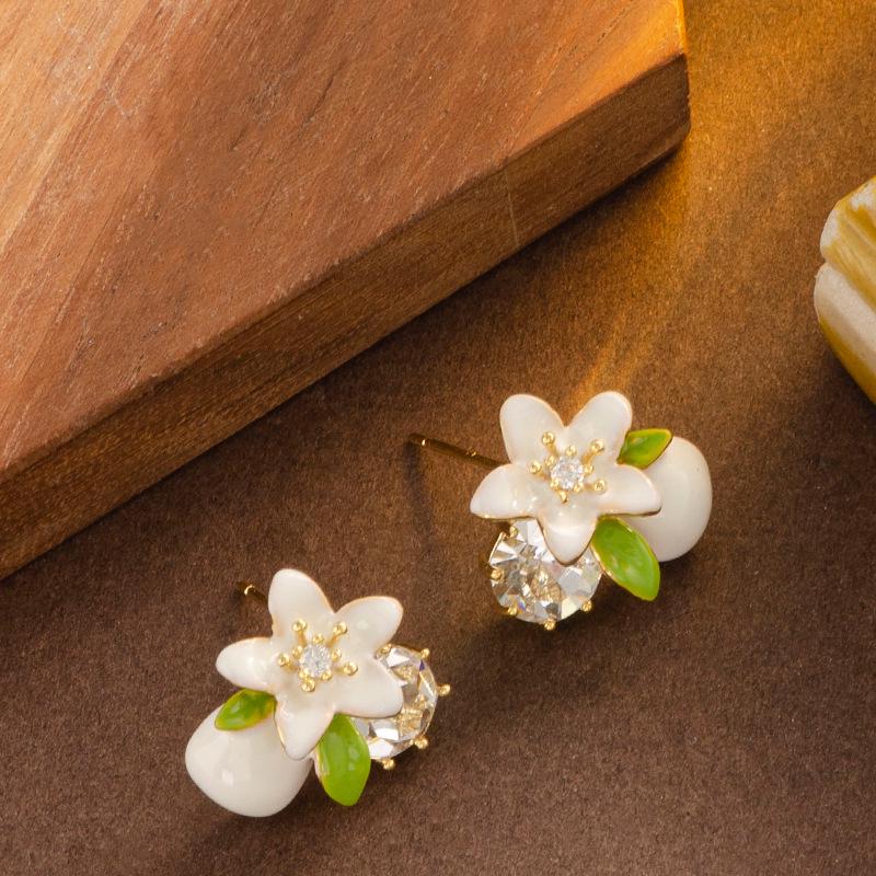 Korean Oil Drop Rhinestone Earrings, Persimmon Flower Design, Luxury Versatile Style