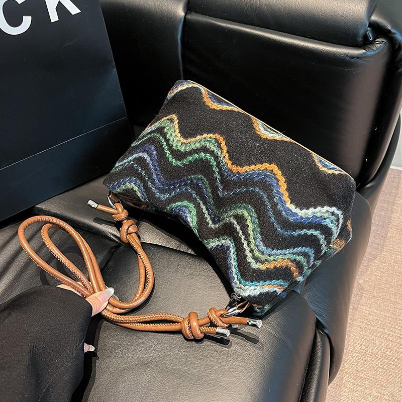 Ethnic Style Striped Crossbody Bag Slack Feeling Commuter Crossbody Bucket Bag Broadband Single Shoulder Knitted Armpit Bag Women