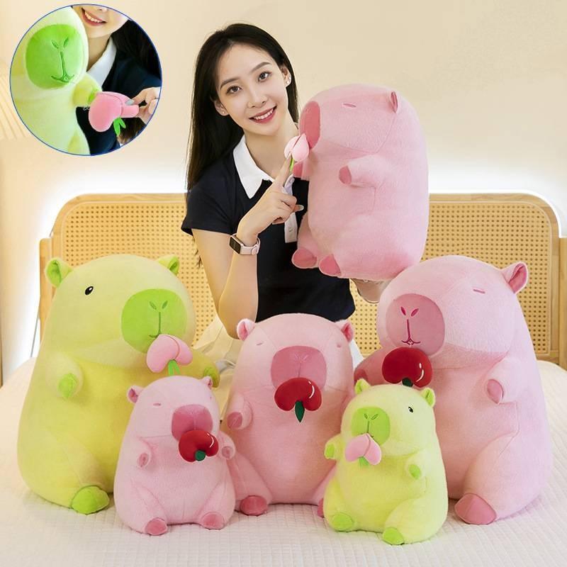 Adorable Peach Capybara Plush Toy Soft Pillow Doll In Green And Pink Colors