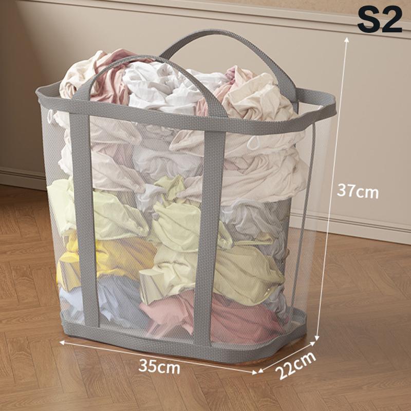 Nylon Mesh Laundry Basket With Handle Breathable Folding Portable Dirty Clothes Organizer Bags Large Capacity Toys Storage Bag