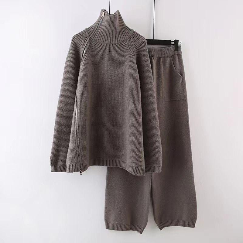 

Fashion Side Zipper Turtleneck Sweater Pants Loose Outfit Side Zipper Sweater Pants Set Brown One size