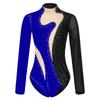 Women Long Sleeve Rhinestones Mesh Gymnastics Leotard Bodysuit Ice Skating Jumpsuit