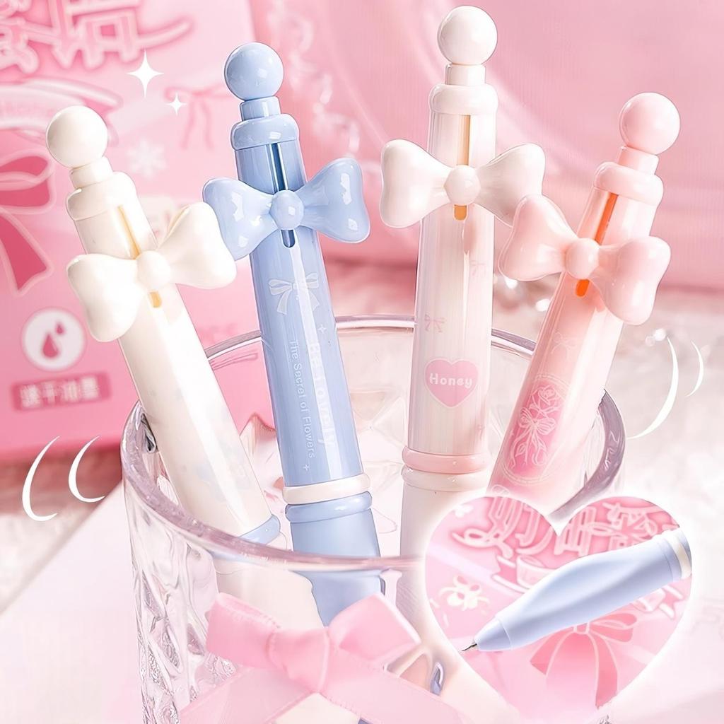 4pcs Lovely Flower Gel Pens Set, Pinch Grip Camellia Floral Pink Bowknot Star Dream Clip 0.5mm Black Color Ink for Writing