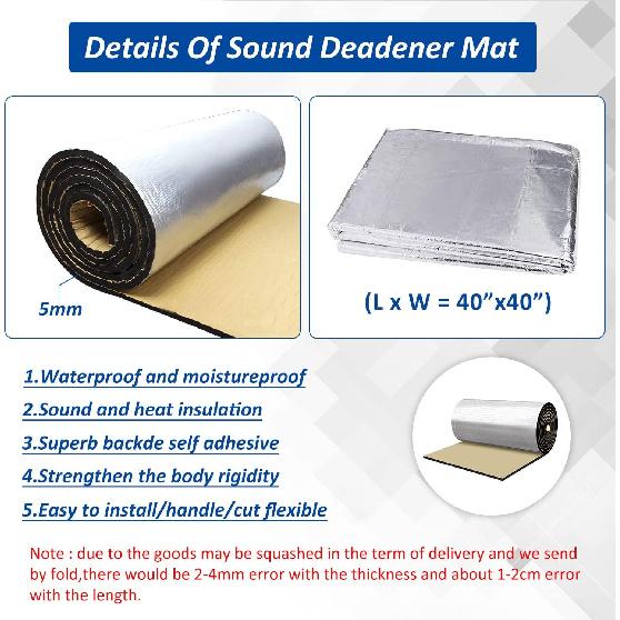 Car Heat Sound Deadening Insulation Mat, Sound Deadener & Heat Insulation Pad for Auto Hood Engine Roof Door and Trunk - 197mil 21.6sqft - 40 Inch x