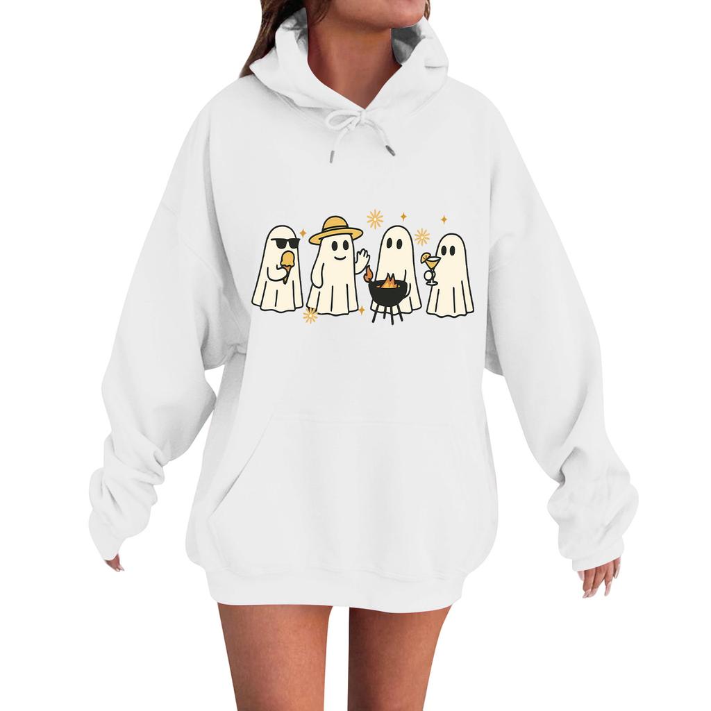 Women's Casual Fashion Comfortable Round Neck With Hood Long Sleeve Halloween Print Warm Sweatshirt