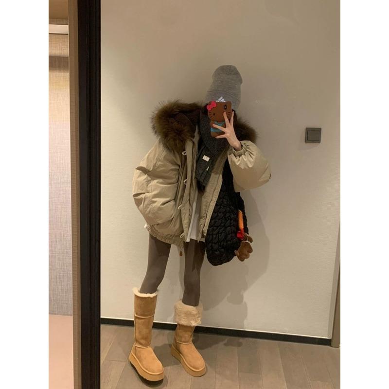 Winter Warm Hooded Coat Retro American Style Thickened Down Jacket with Fur Collar