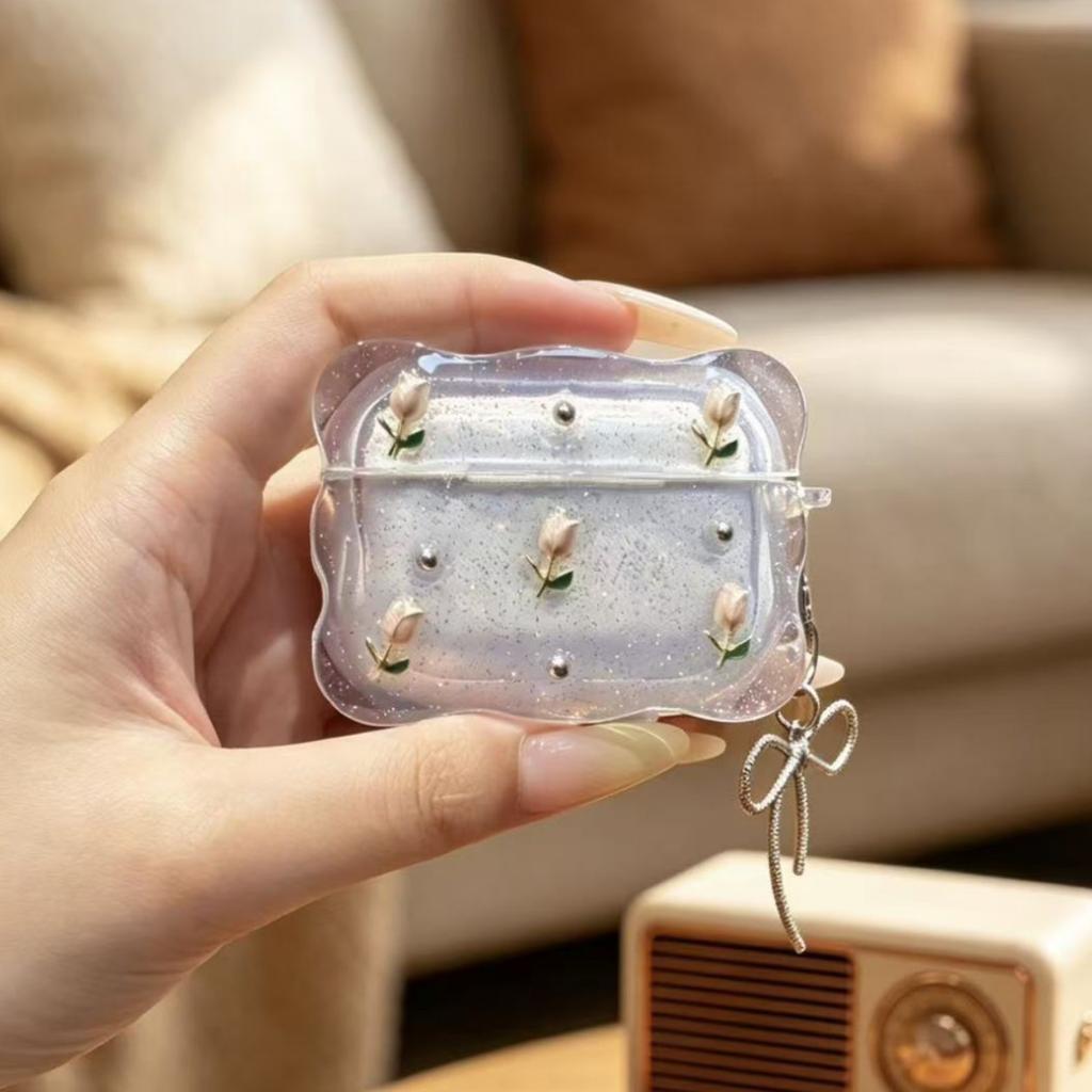 Applicable Apple Bluetooth Headset Cover Through Powder Tulip Flower Epoxy AirPods 1 Protective Cover Headphone Case Epoxy Pro1
