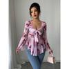 DAFIFY Women's Fashion Casual Spring Autumn Flower Pattern Print Long Sleeve V-Neck Blouses & Shirts