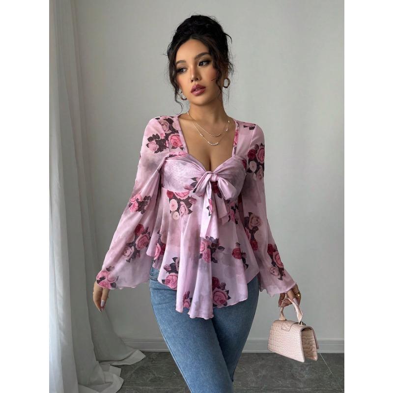 DAFIFY Women's Fashion Casual Spring Autumn Flower Pattern Print Long Sleeve V-Neck Blouses & Shirts