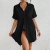 Women's Fashion Color Collar Button Loose Pocket Short Sleeve Long Shirt Top