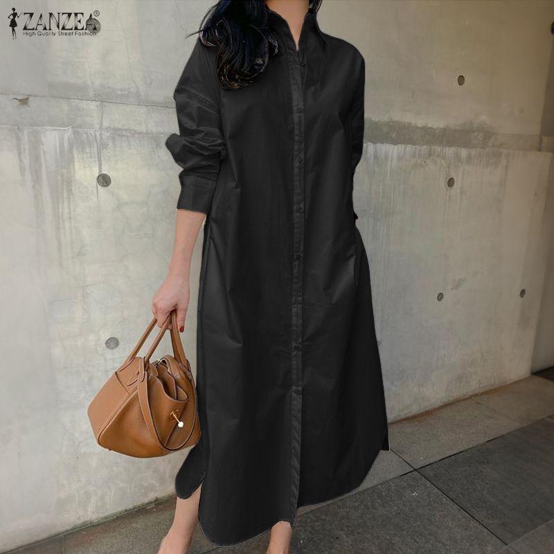 ZANZEA Women Casual Turn Down Collar 3/4 Sleeve Loose Shirt Dress