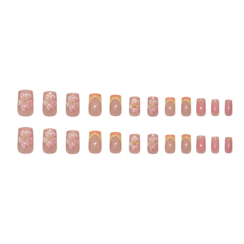 24 Stück Farbverlauf Französische Press-On-Nägel Mit 3D-Wasserwellen-Schnitzerei Blumen-Dekor Abnehmbare Blush-Rosa Falsche Nägel