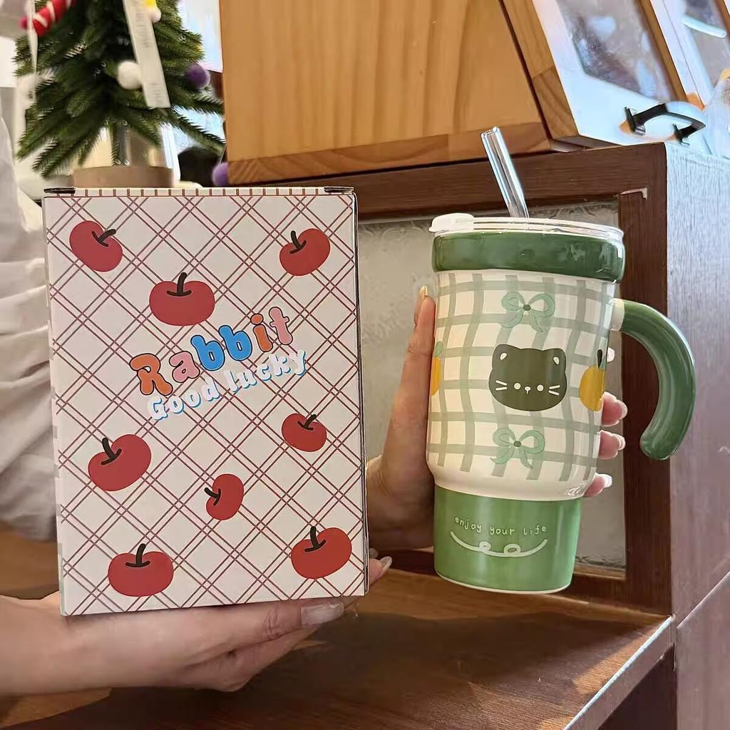 Straw Cup with Lid High Value Ins Mug Couple Ceramic Water Cup Large Capacity Birthday Gift for Girls