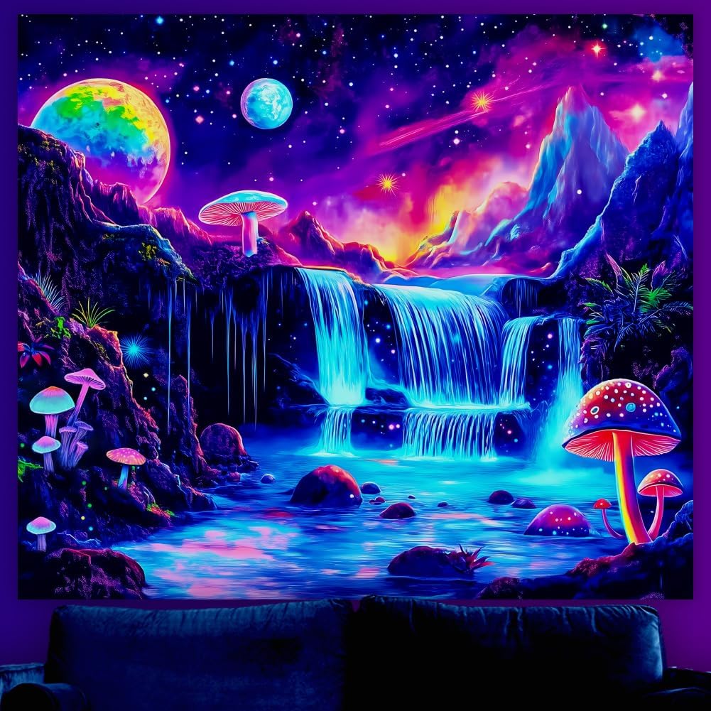 WEBEEDY UV Reactive Waterfall Tapestry Blacklight Galaxy Mushroom Landscape Tapestry Wall Hanging Aesthetic Glowing Tapestries for Bedroom Living Room