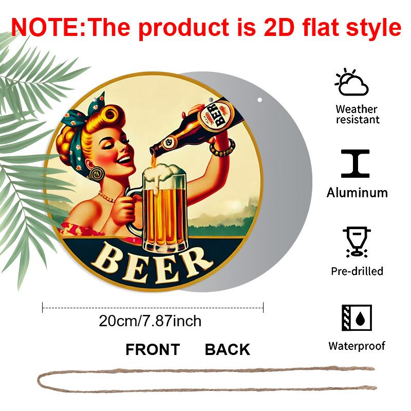 2D Flat Aluminum 7.87 Inch X 7.87 Inch Vintage Woman Pouring Beer Style Wall Hanging. Suitable for Bars, Living Rooms, Home Cellars, Kitchens