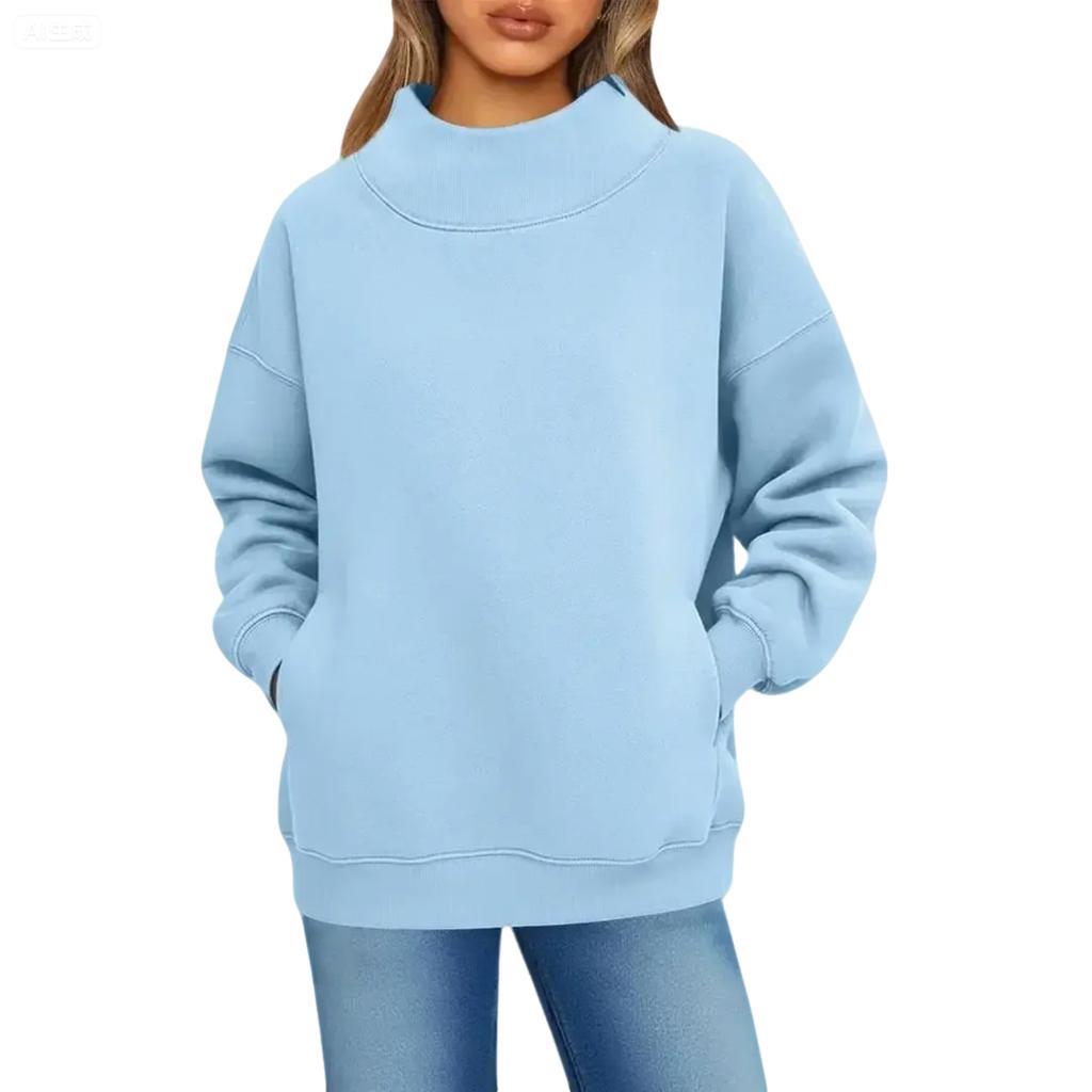 Women's Fashionable Casual Solid Color Round Neck Long Sleeved Pocket Sports Casual Pullover Sweatshirt Top