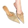 Cold and gentle feeling! Lace pointed head bow high heels women's sexy bag head half slippers
