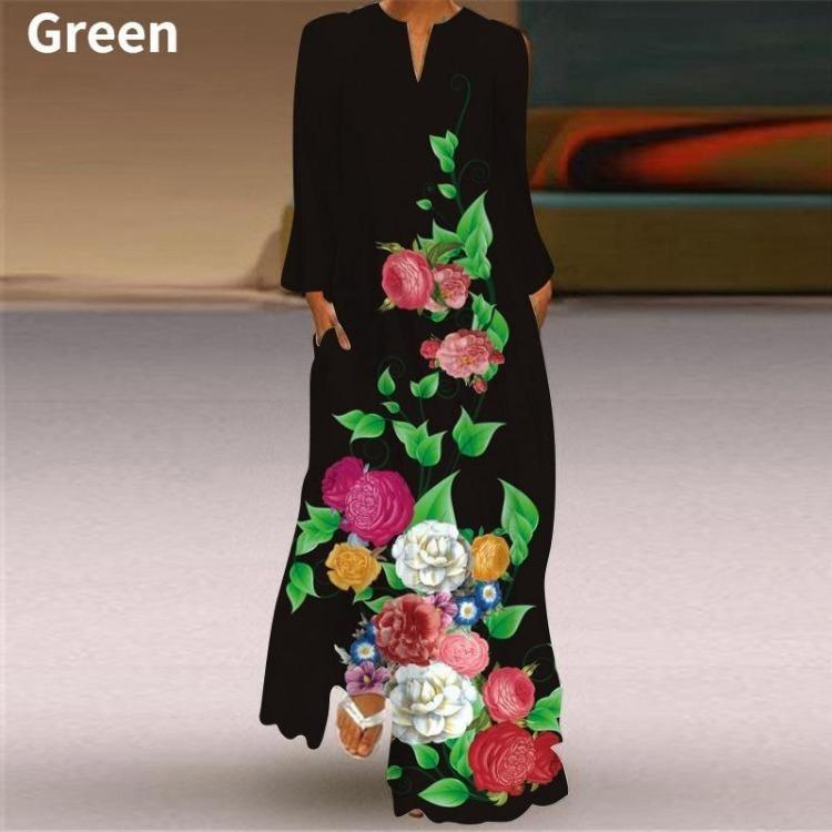 Fashion Graphic Print Long Sleeve Maxi Dress for Women V Neck Loose Casual Floor Length Dress with Pocket