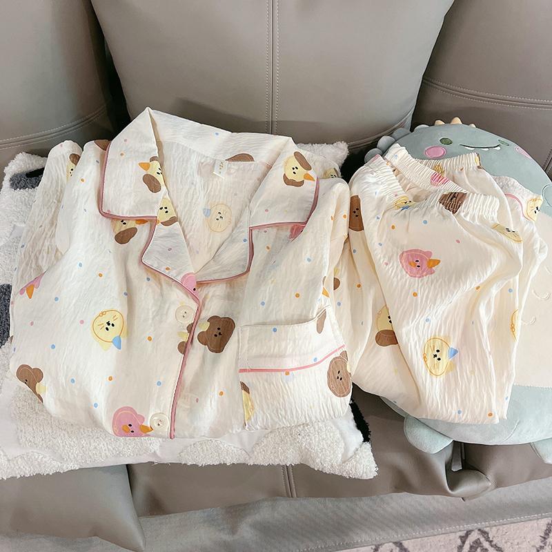 Sweet Cute Dot Dog Cat Print 2 Pieces Women's Pajamas Set Button Lapel Neck Design Women's Sleepwear New Cartoon Kawaii Homewear