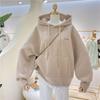 Women's Fleece-Lined Patchwork Hooded Sweatshirt - 2025 Autumn/Winter Korean Style Embroidered Loose Fit