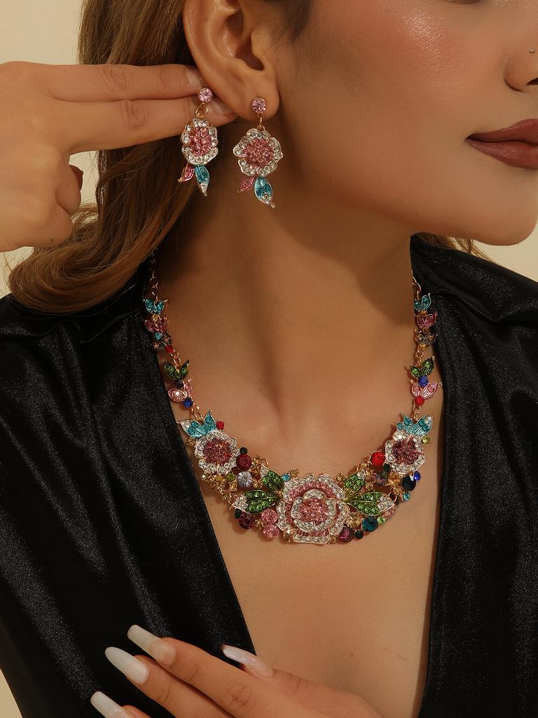 Mother’s Day Zircon Gift:Luxury 3Pcs Rhinestone Flower Set for Women,Elegant Necklace&Dangle Earrings for Party Wedding Banquet