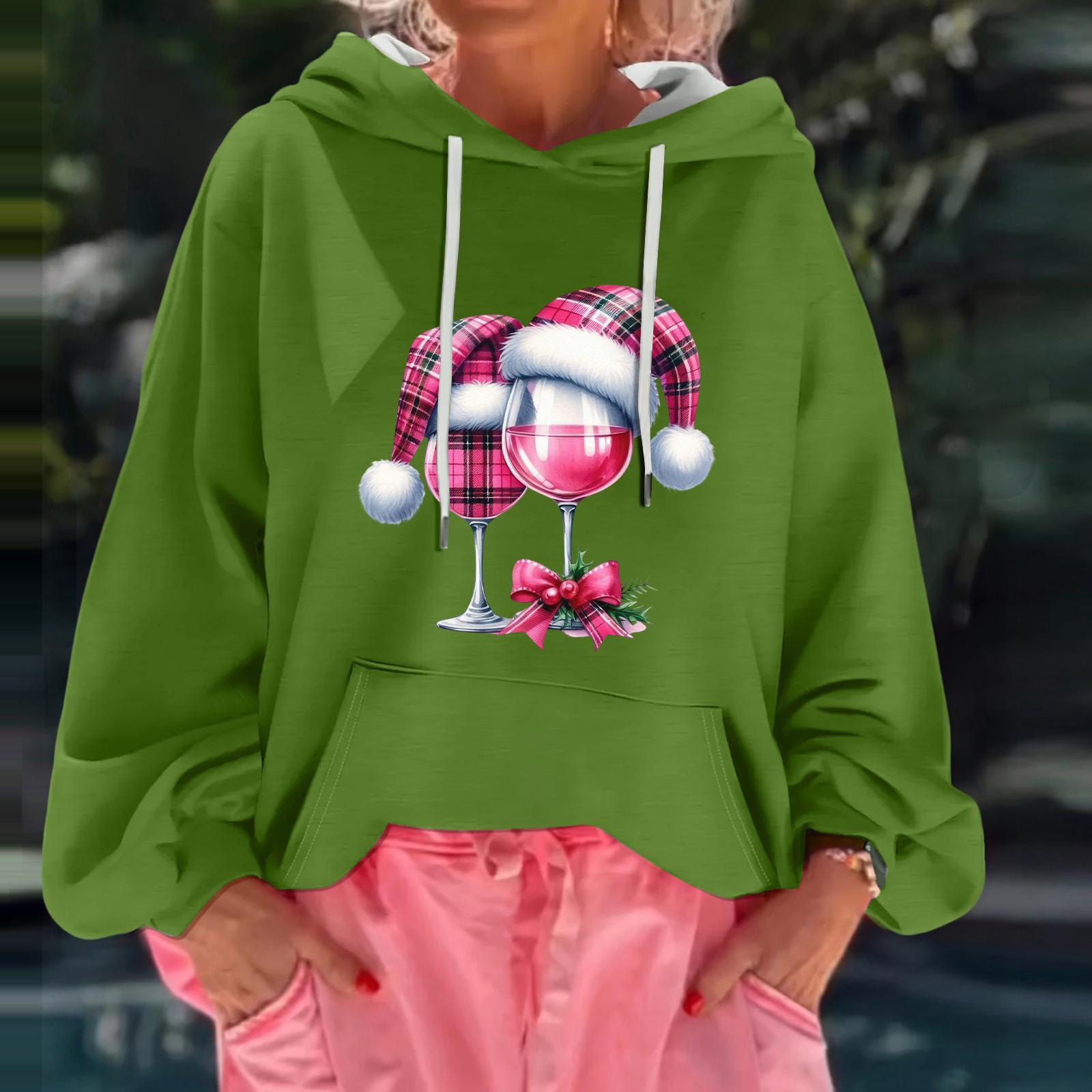 

Женский рождественский принт, свободный повседневный худи с длинным рукавом и капюшоном M зелёный