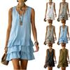 Women’s V Neck Sleeveless Linen Cotton Dress with Layered Ruffle Hem Lightweight Summer Casual Loose Fit Patchwork Design