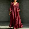 Women's Casual Color Cotton Linen V-Neck Three-Quarter Sleeve Dress with Pockets Loose Fit