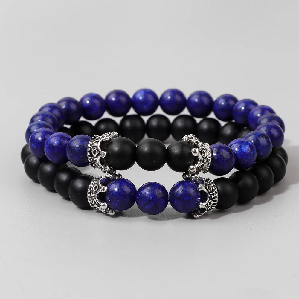 2Pcs/Set Natural Map Stone Beads Bracelet Fine Crown Charm Bracelets Balance Quartz Elastic Wrist Jewelry for Men Women 8mm