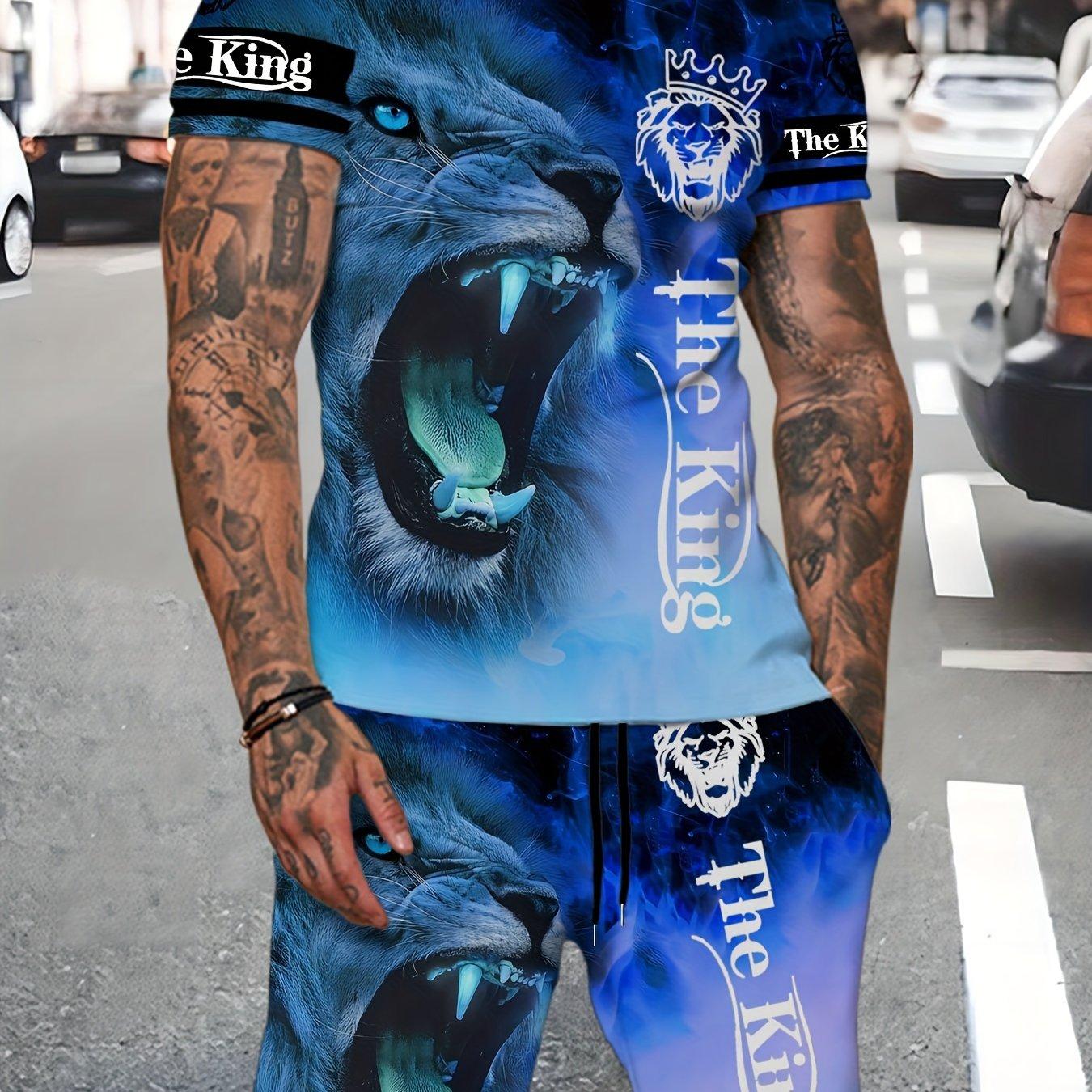 

Мужской летний повседневный комплект из двух предметов: мотив льва и буквенный дизайн, удобная футболка с короткими рукавами и шорты на шнурке, идеально подходят для отдыха на свежем воздухе 6XL