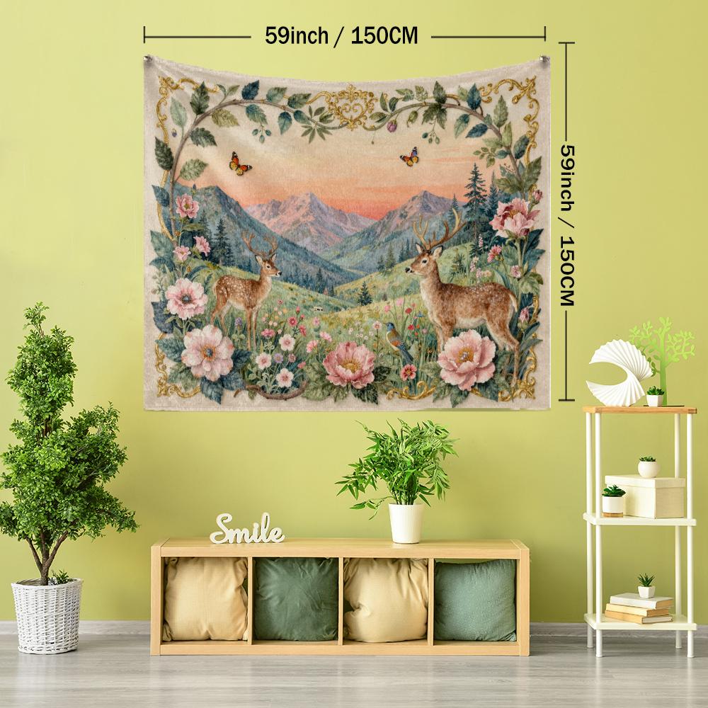 1pc Pastoral Style Floral Deer Landscape Natural Fresh Style Printed Tapestry Wall Hanging, Easy Artistic Bohemian Style Living Room Bedroom Home Deco