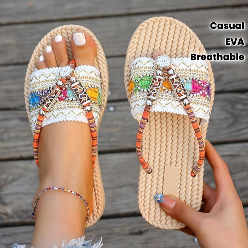 Women's Summer Slip-On Sandals  Comfortable Non-Slip EVA Sole,Breathable Fabric Upper with Colorful Beaded Ankle Strap - Casual Beach Shoes for Women,