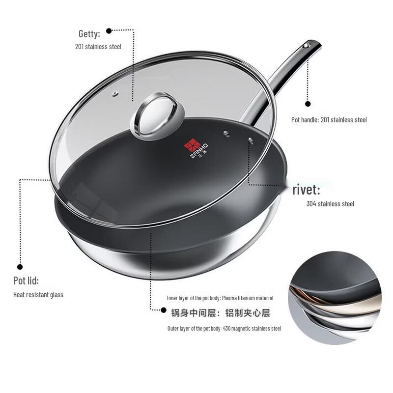 Sanhe 30cm 304 Stainless Steel Non-Stick Wok