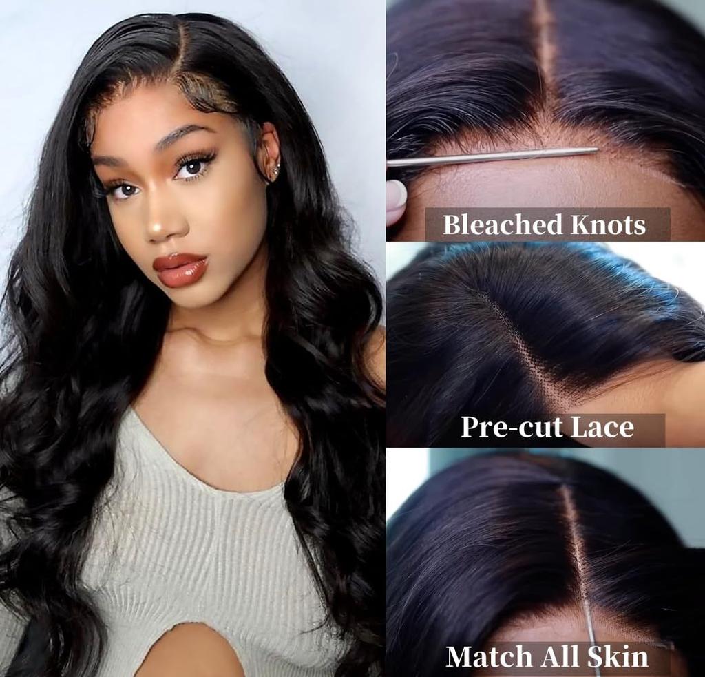 Women's front lace chemical fiber headgear black medium-parted long straight hair large waves ready-made wig